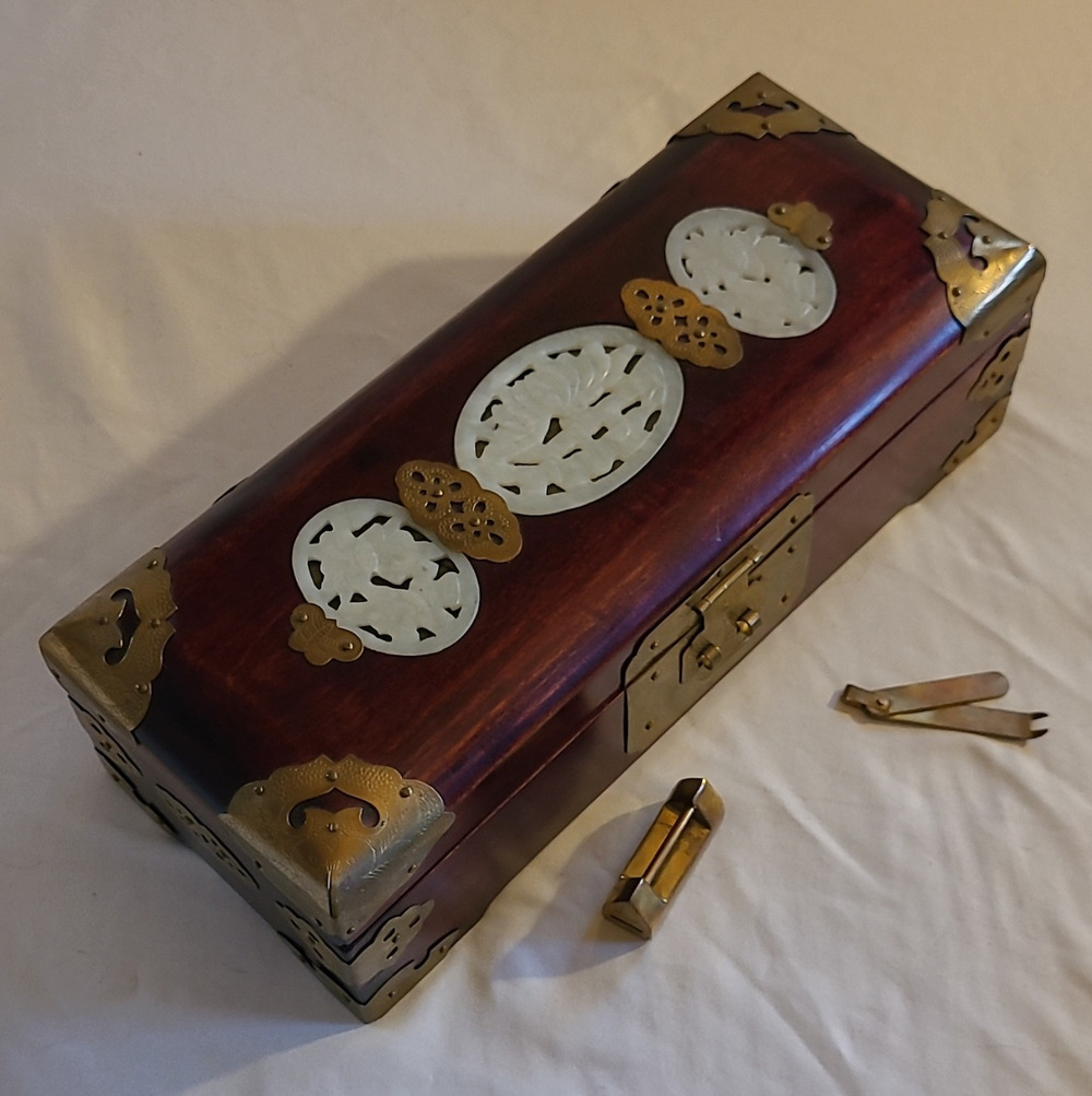 Vintage Chinese Rosewood Jewely Box Jade Inlay Brass Lock Key Shanghi 1960's